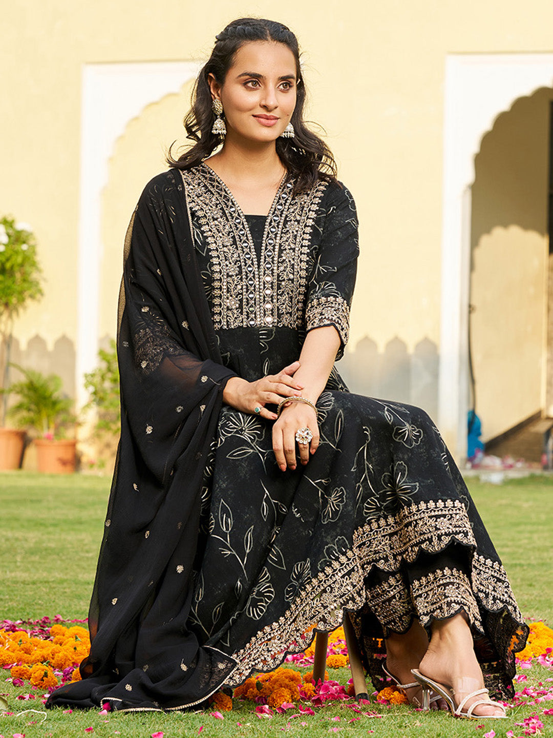 Mirror Embroidered Anarkali Kurta with Matching Pant & Embroidered Chiffon Dupatta