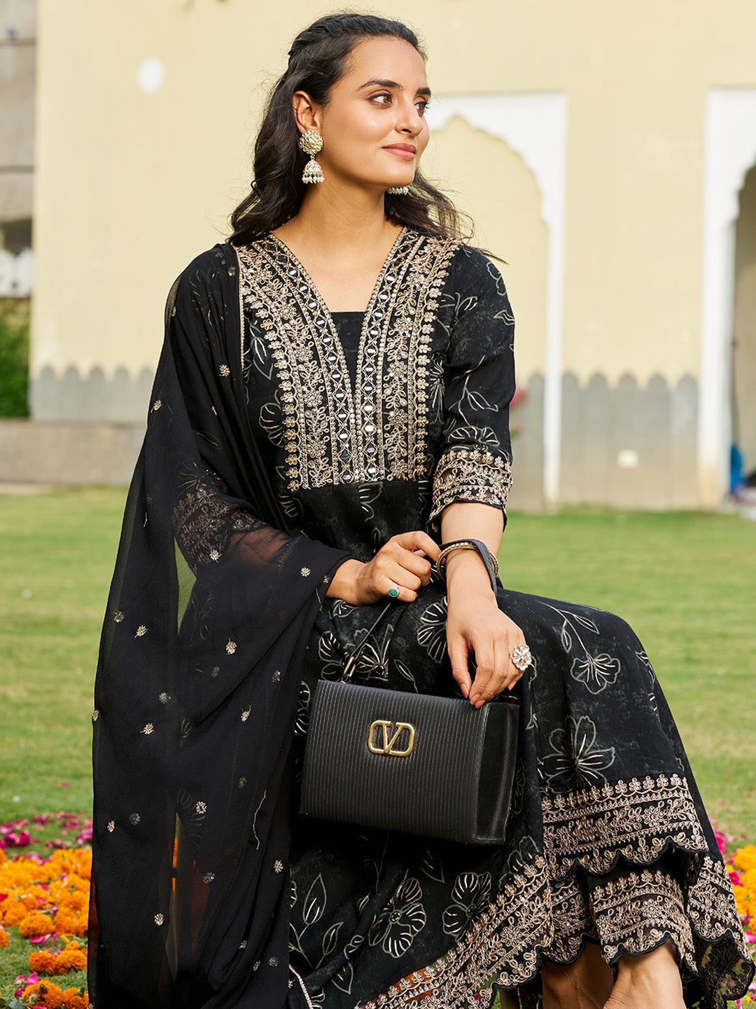 Mirror Embroidered Anarkali Kurta with Matching Pant & Embroidered Chiffon Dupatta