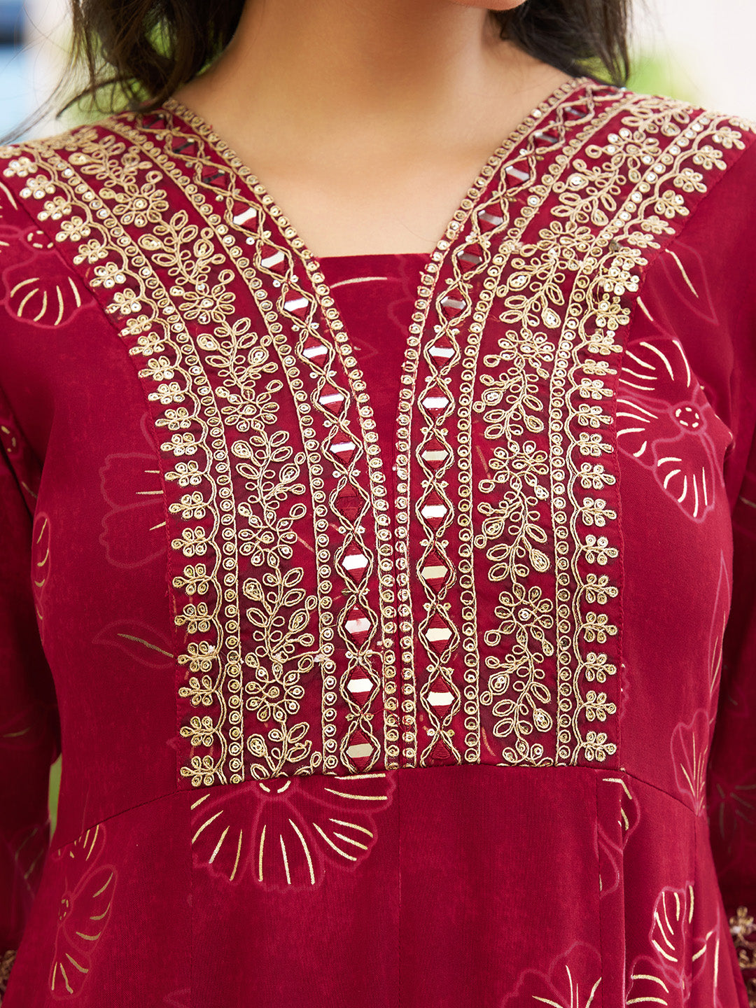 Mirror Embroidered Anarkali Kurta with Matching Pant & Embroidered Chiffon Dupatta