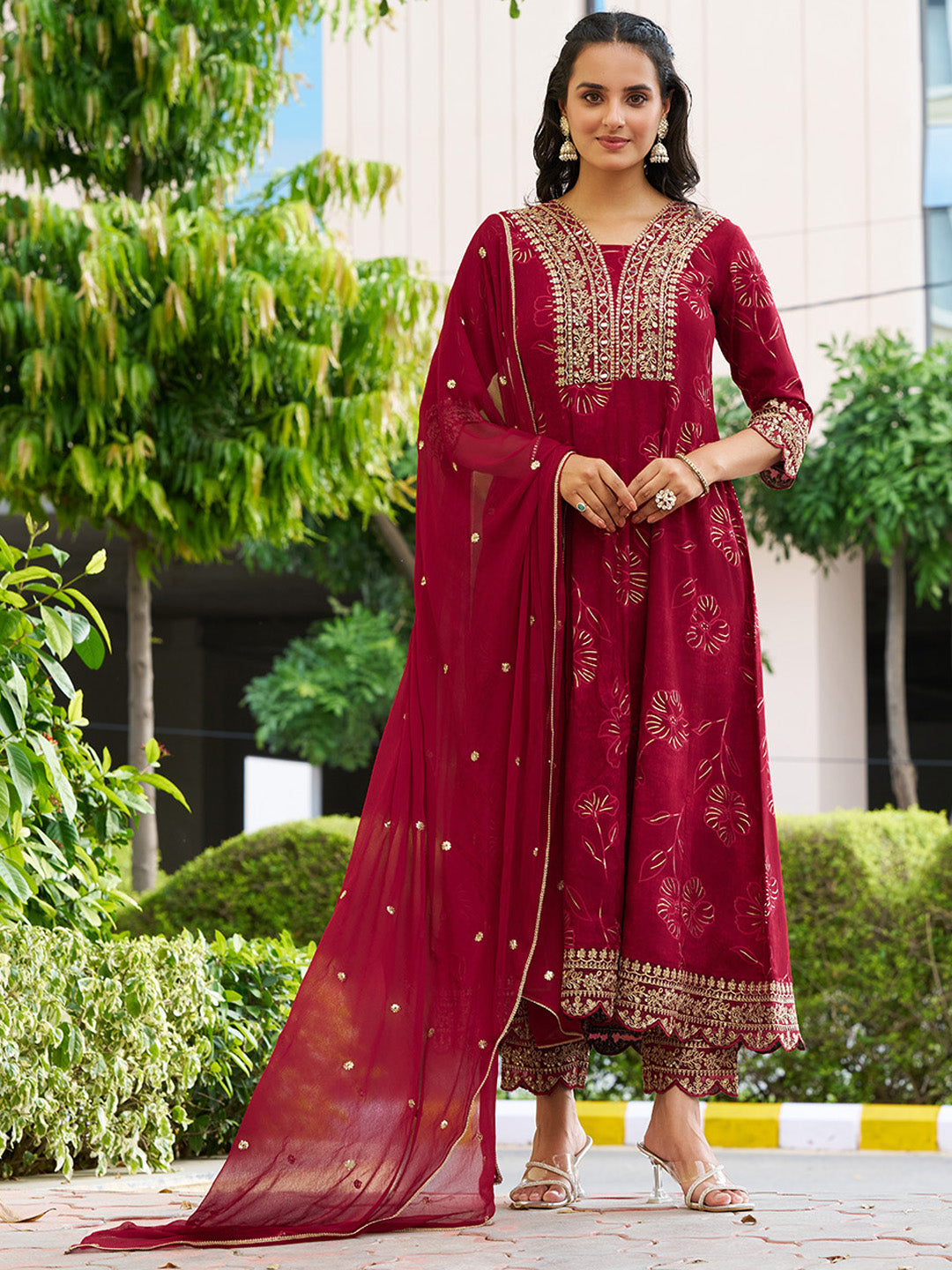 Mirror Embroidered Anarkali Kurta with Matching Pant & Embroidered Chiffon Dupatta