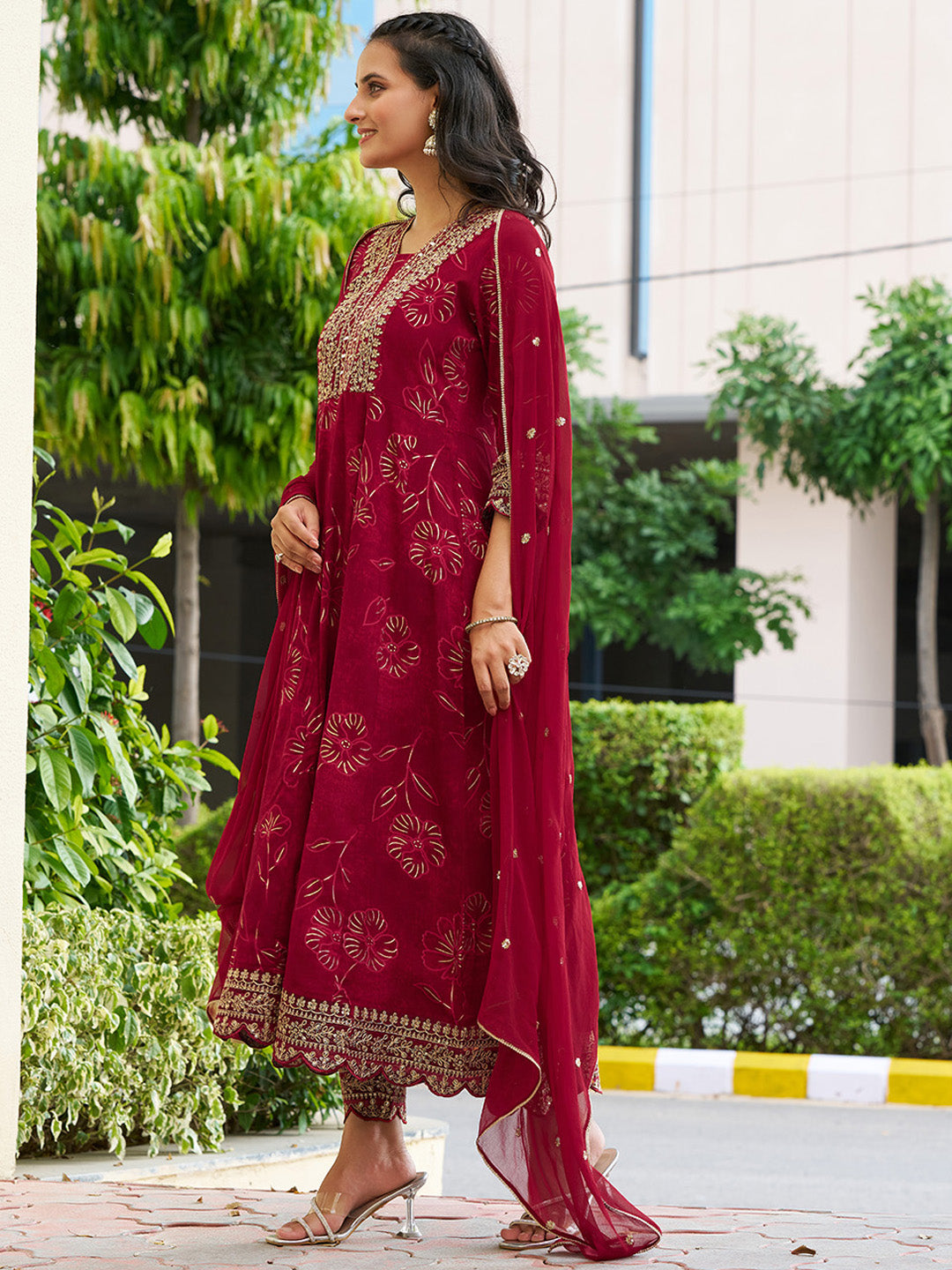 Mirror Embroidered Anarkali Kurta with Matching Pant & Embroidered Chiffon Dupatta