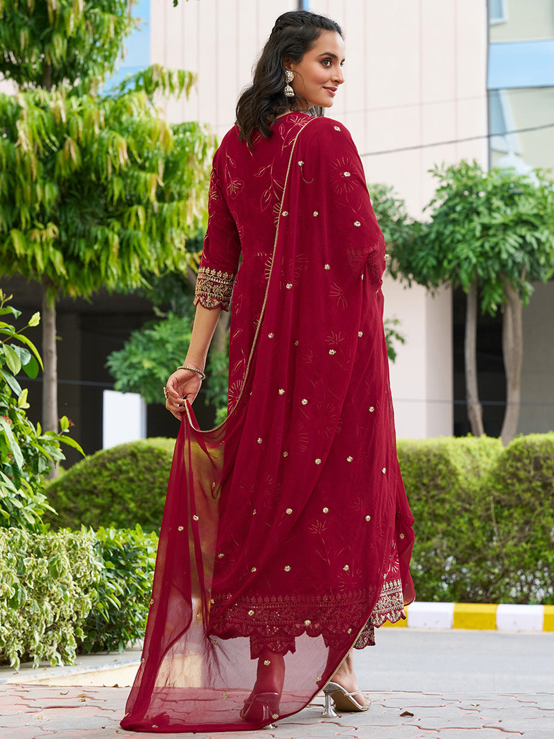 Mirror Embroidered Anarkali Kurta with Matching Pant & Embroidered Chiffon Dupatta