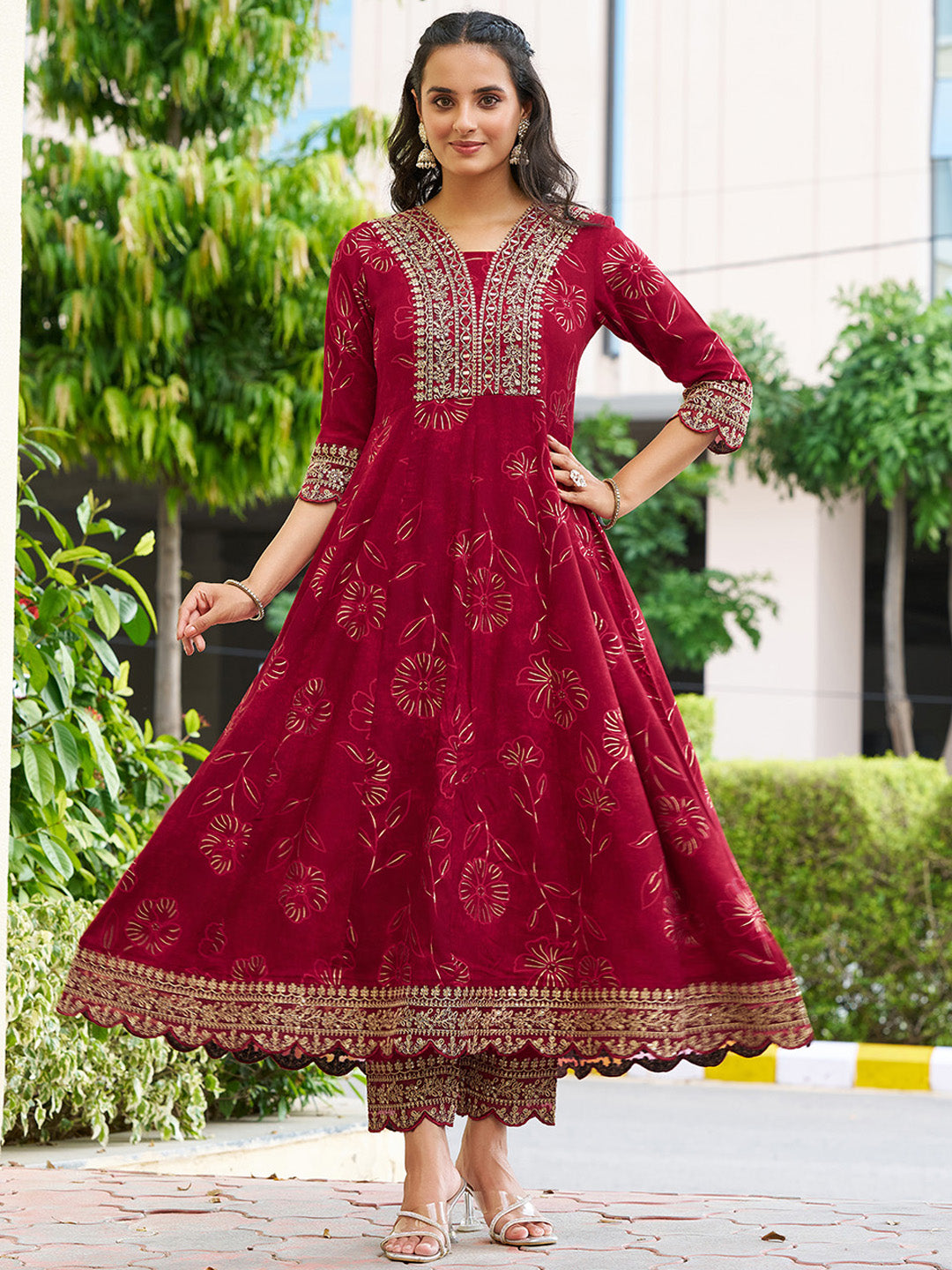 Mirror Embroidered Anarkali Kurta with Matching Pant & Embroidered Chiffon Dupatta