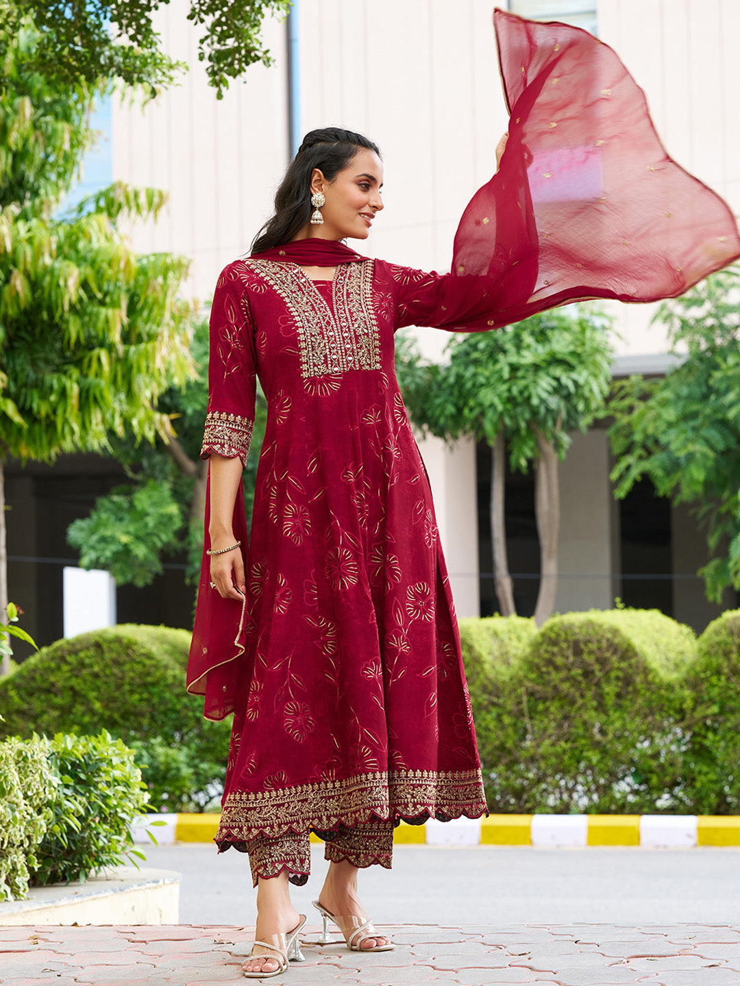 Mirror Embroidered Anarkali Kurta with Matching Pant & Embroidered Chiffon Dupatta