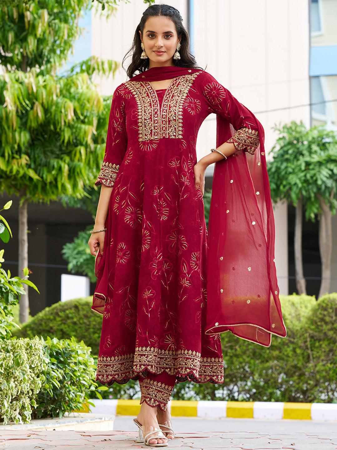 Mirror Embroidered Anarkali Kurta with Matching Pant & Embroidered Chiffon Dupatta