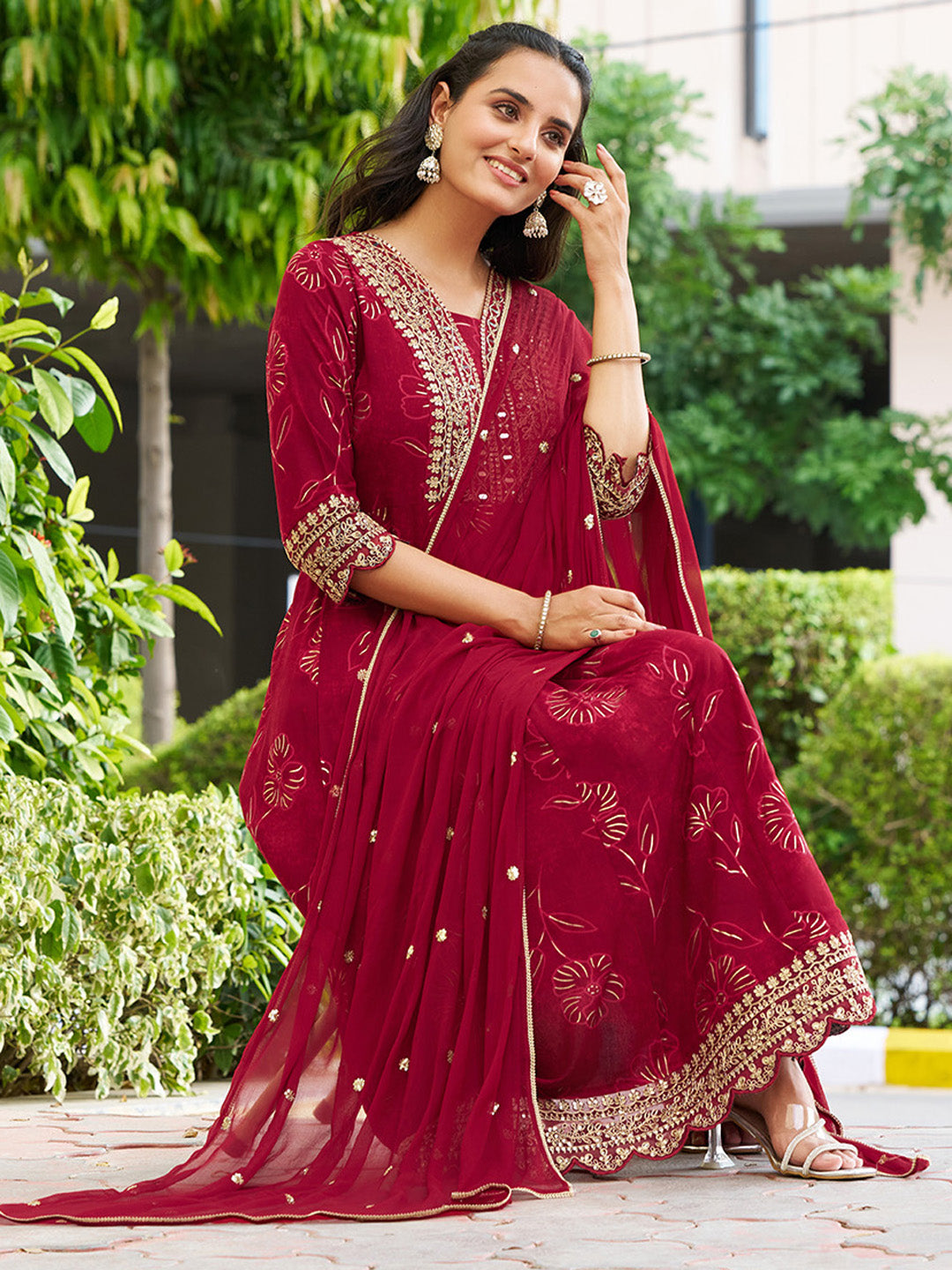 Mirror Embroidered Anarkali Kurta with Matching Pant & Embroidered Chiffon Dupatta