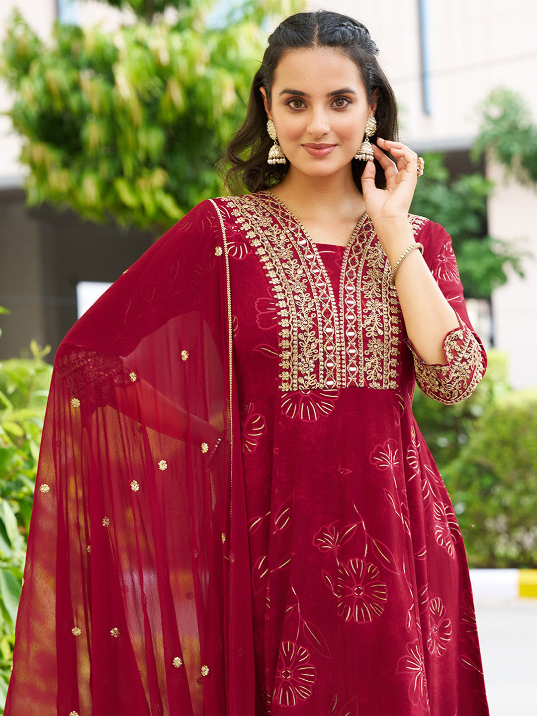 Mirror Embroidered Anarkali Kurta with Matching Pant & Embroidered Chiffon Dupatta