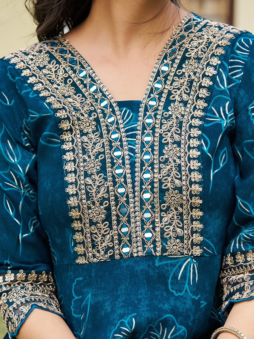 Mirror Embroidered Anarkali Kurta with Matching Pant & Embroidered Chiffon Dupatta