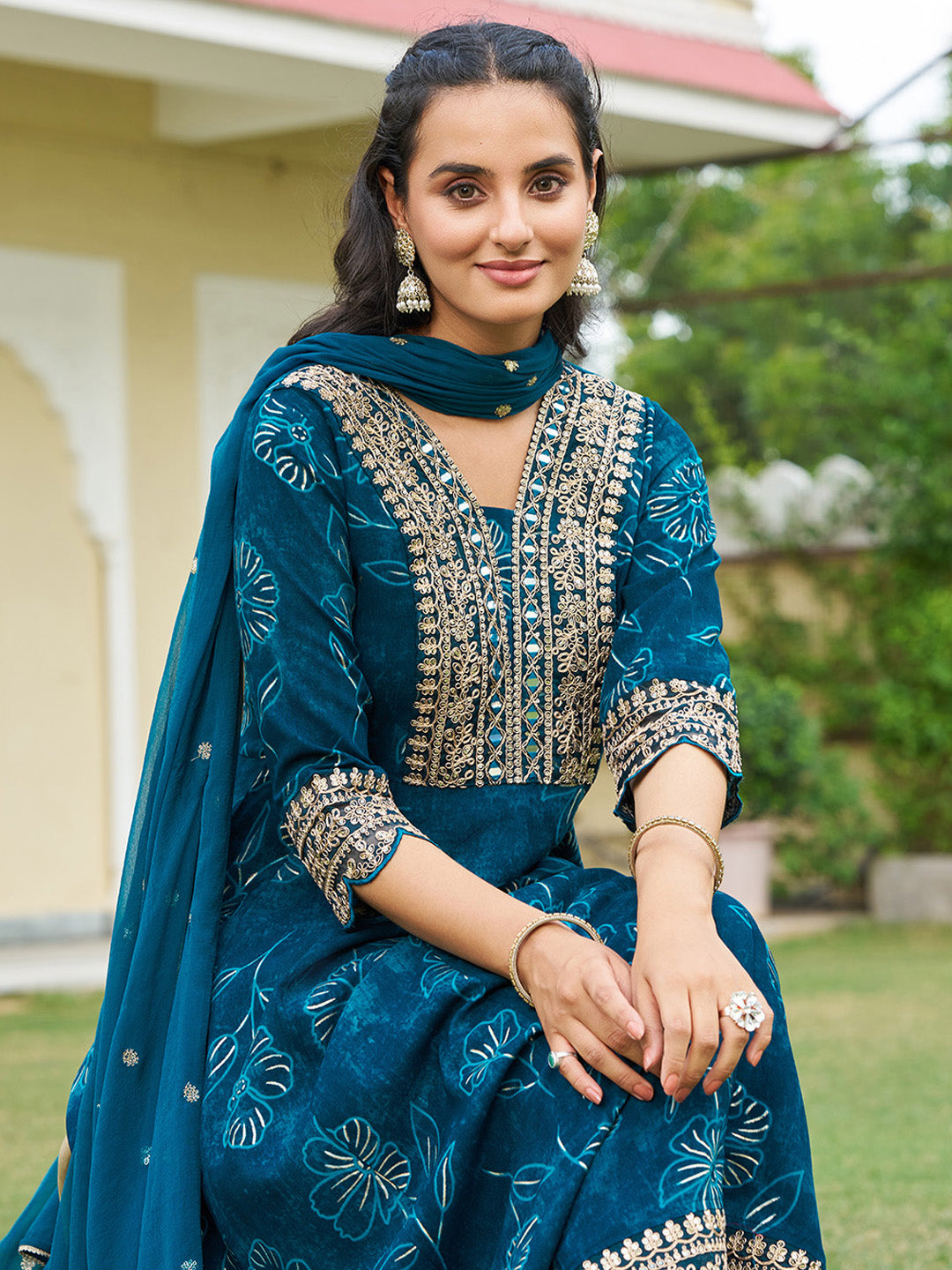 Mirror Embroidered Anarkali Kurta with Matching Pant & Embroidered Chiffon Dupatta