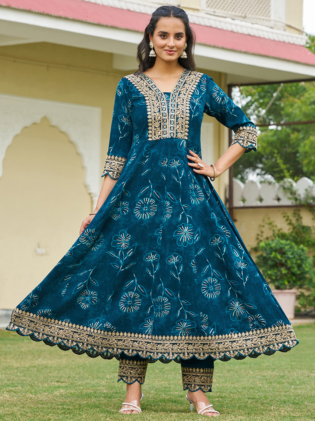 Mirror Embroidered Anarkali Kurta with Matching Pant & Embroidered Chiffon Dupatta