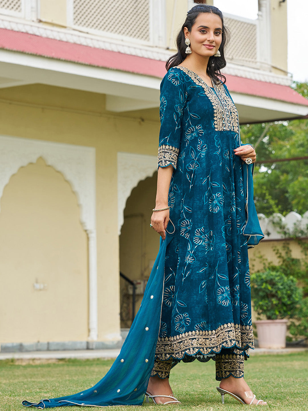 Mirror Embroidered Anarkali Kurta with Matching Pant & Embroidered Chiffon Dupatta