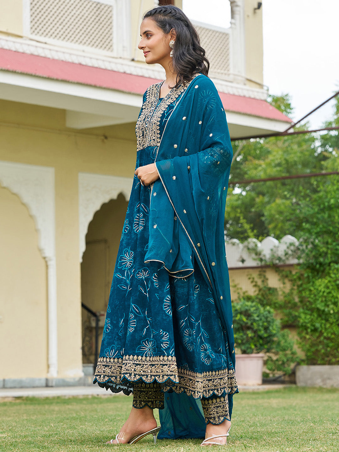 Mirror Embroidered Anarkali Kurta with Matching Pant & Embroidered Chiffon Dupatta