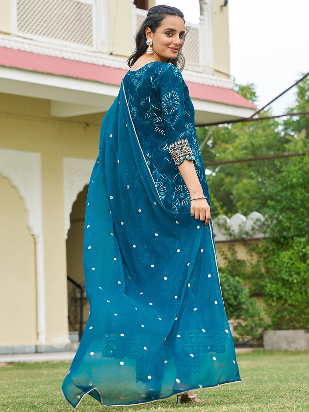 Mirror Embroidered Anarkali Kurta with Matching Pant & Embroidered Chiffon Dupatta