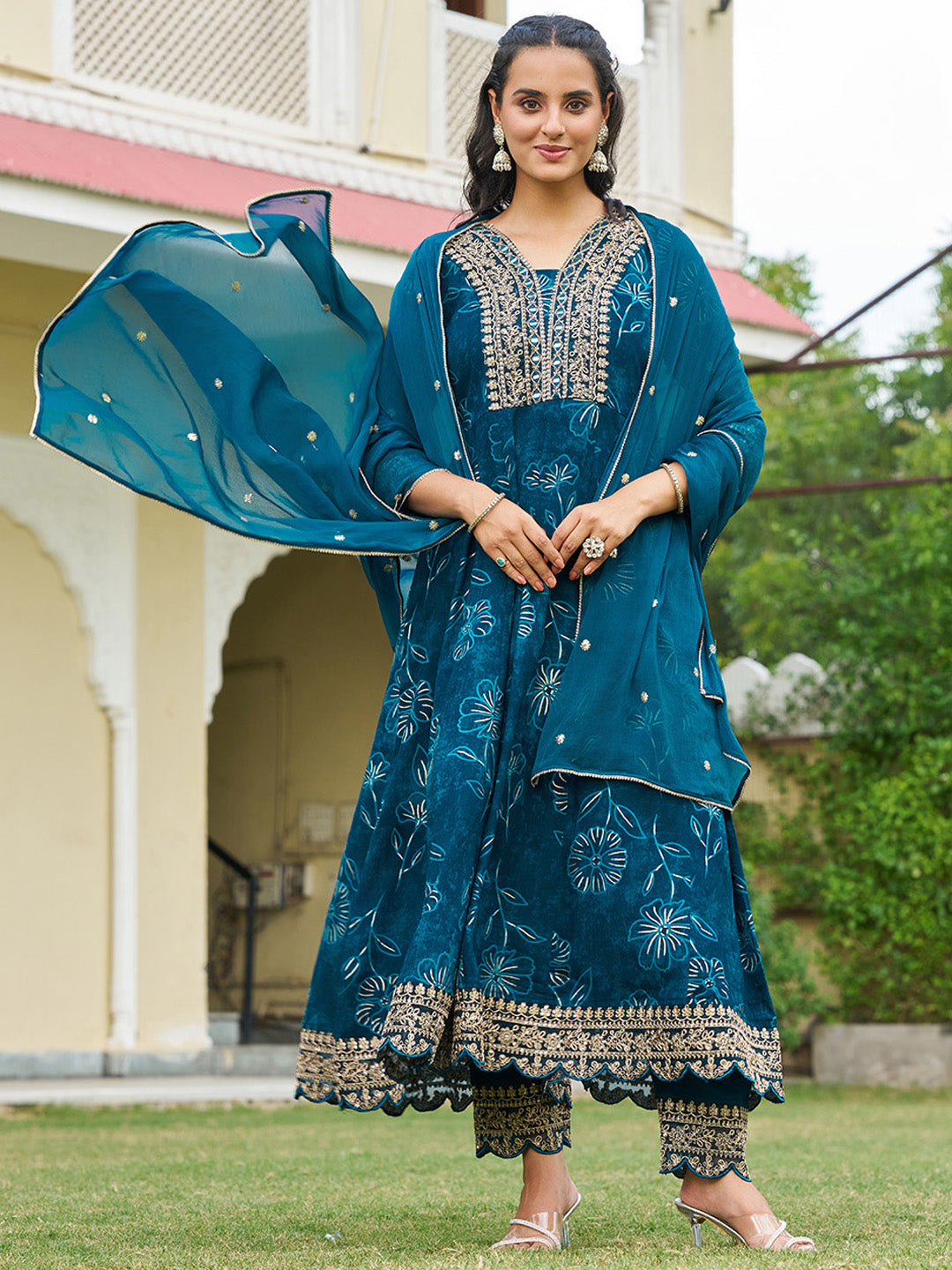 Mirror Embroidered Anarkali Kurta with Matching Pant & Embroidered Chiffon Dupatta