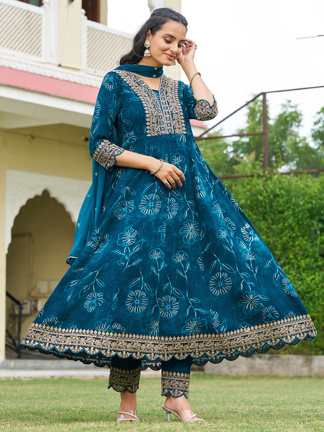 Mirror Embroidered Anarkali Kurta with Matching Pant & Embroidered Chiffon Dupatta