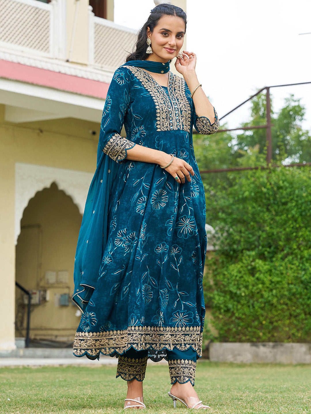 Mirror Embroidered Anarkali Kurta with Matching Pant & Embroidered Chiffon Dupatta