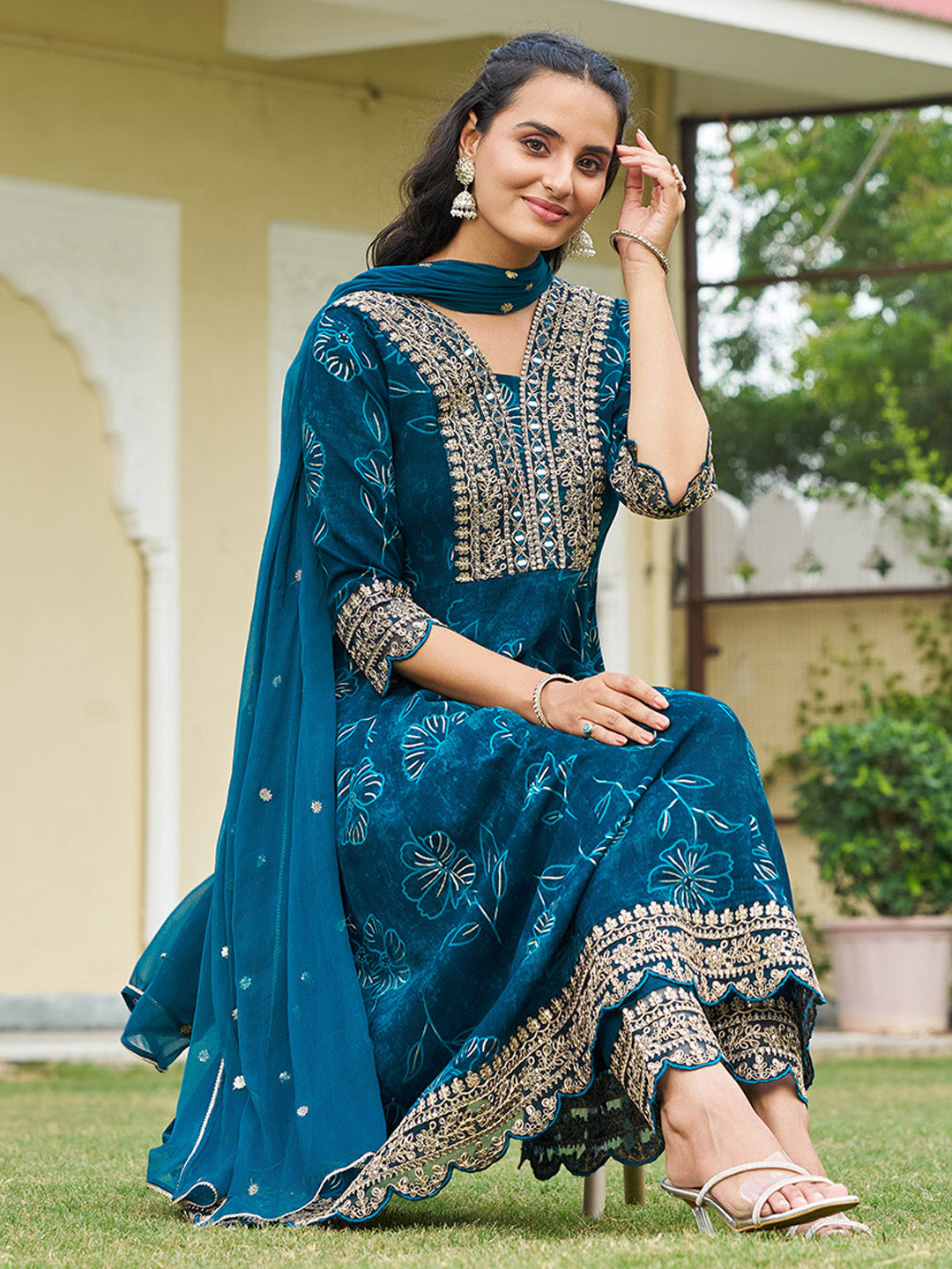 Mirror Embroidered Anarkali Kurta with Matching Pant & Embroidered Chiffon Dupatta