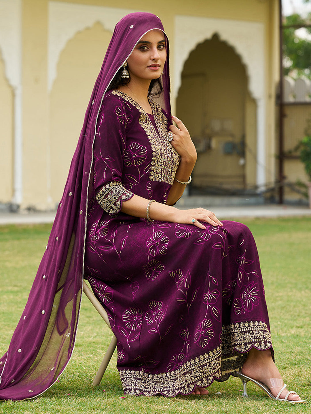 Mirror Embroidered Anarkali Kurta with Matching Pant & Embroidered Chiffon Dupatta