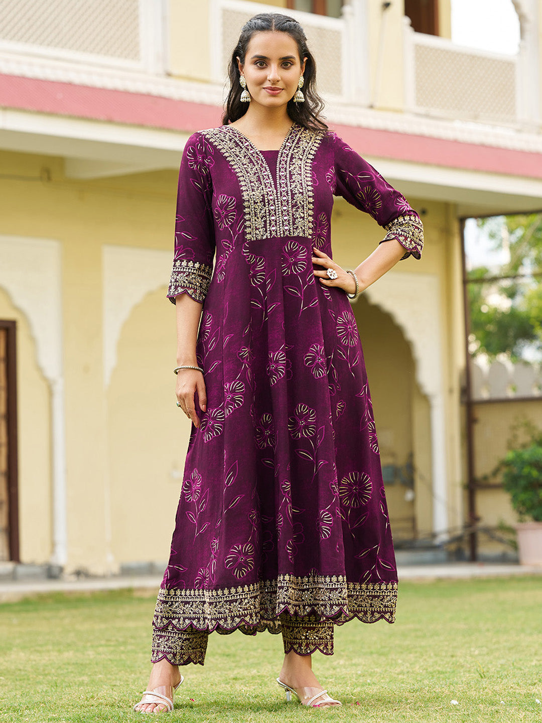 Mirror Embroidered Anarkali Kurta with Matching Pant & Embroidered Chiffon Dupatta