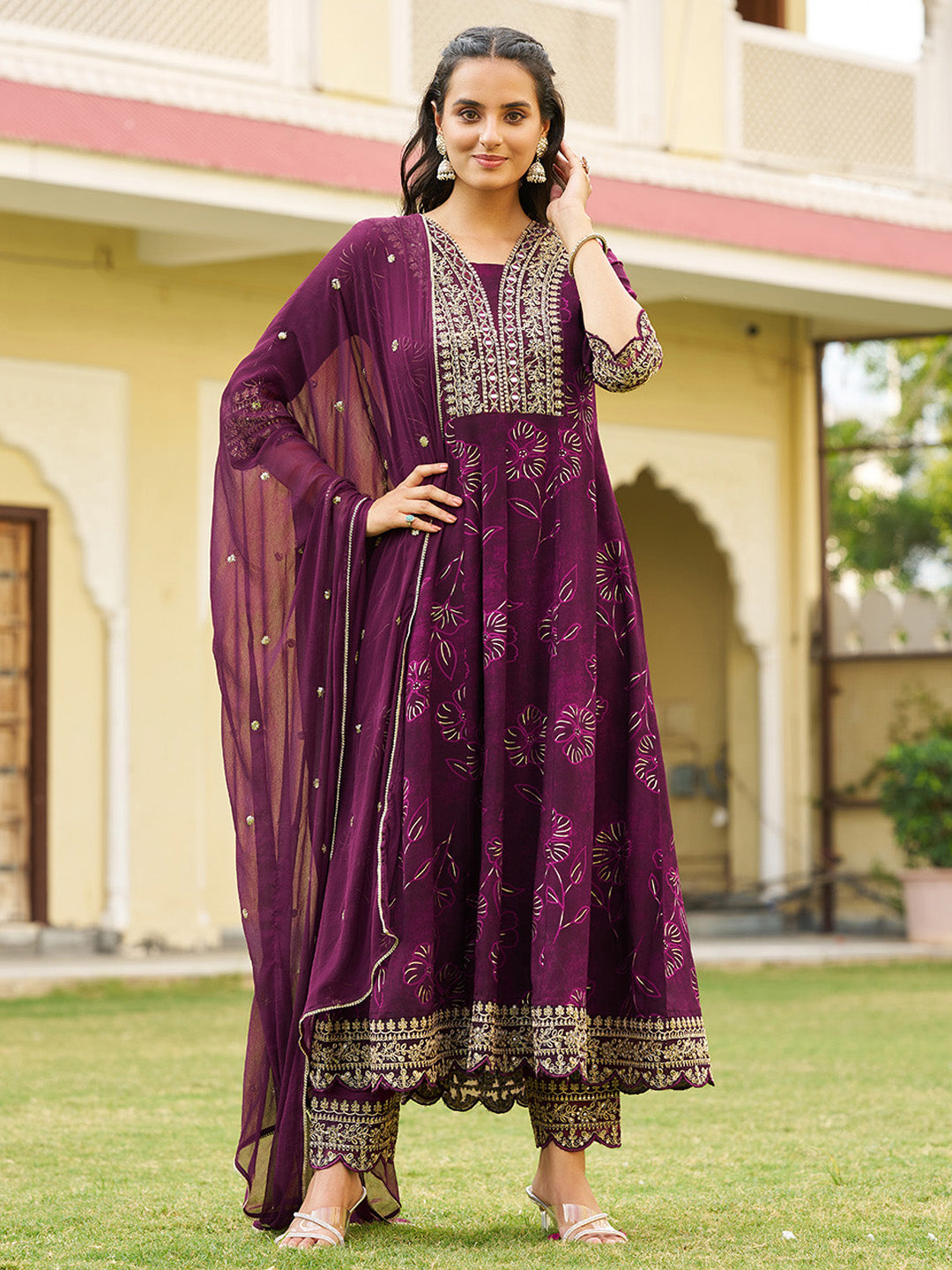 Mirror Embroidered Anarkali Kurta with Matching Pant & Embroidered Chiffon Dupatta