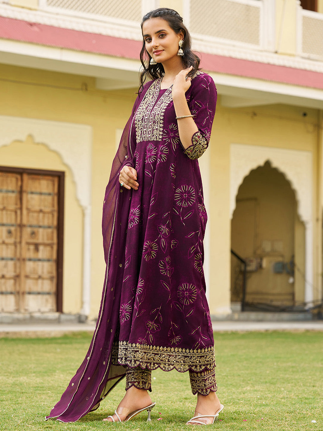 Mirror Embroidered Anarkali Kurta with Matching Pant & Embroidered Chiffon Dupatta