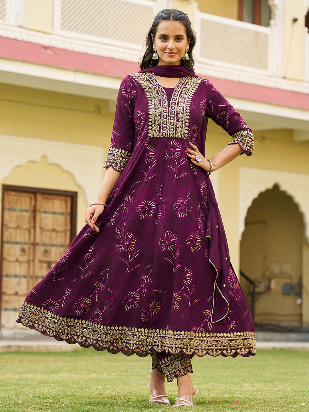 Mirror Embroidered Anarkali Kurta with Matching Pant & Embroidered Chiffon Dupatta