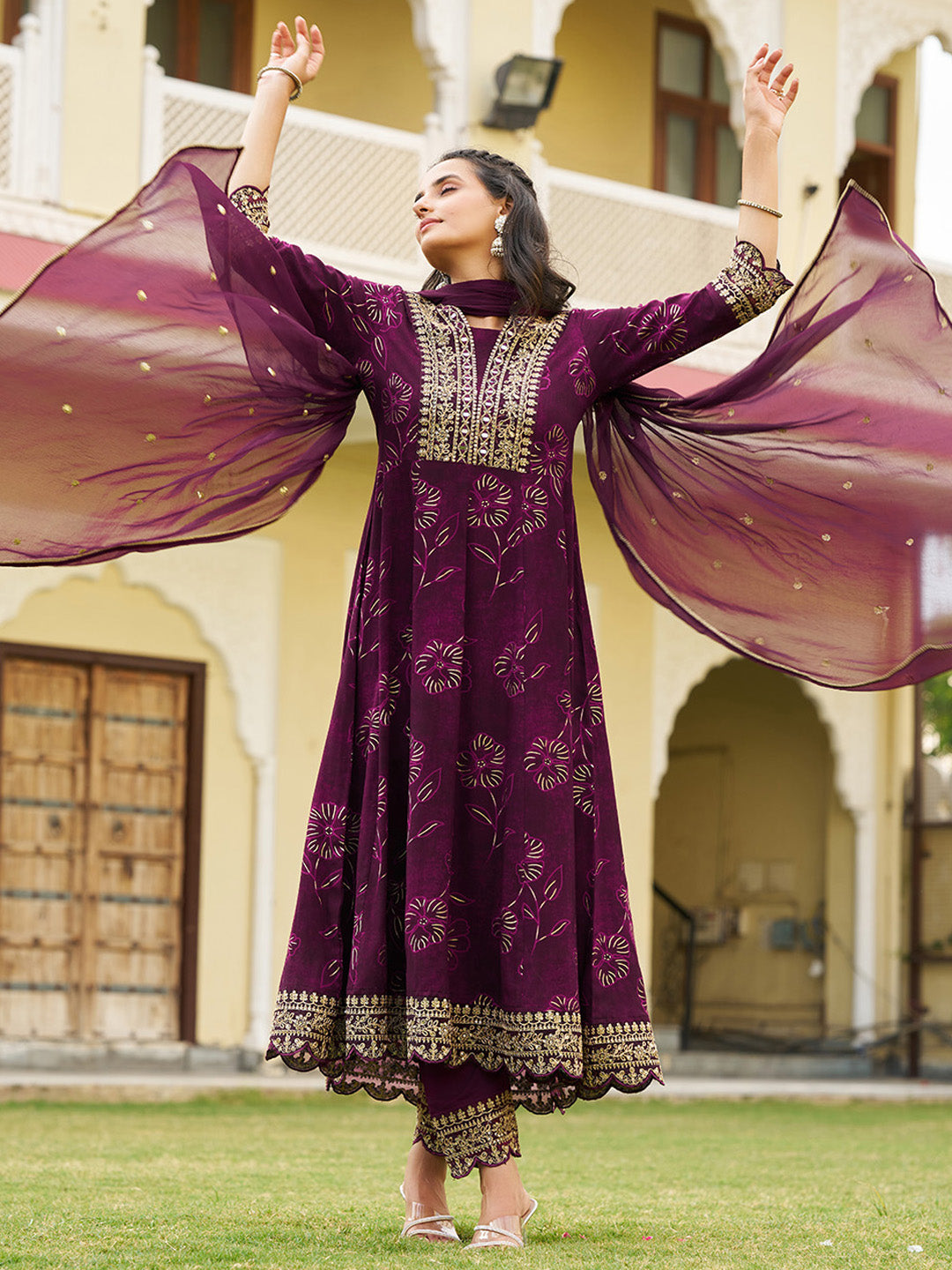 Mirror Embroidered Anarkali Kurta with Matching Pant & Embroidered Chiffon Dupatta
