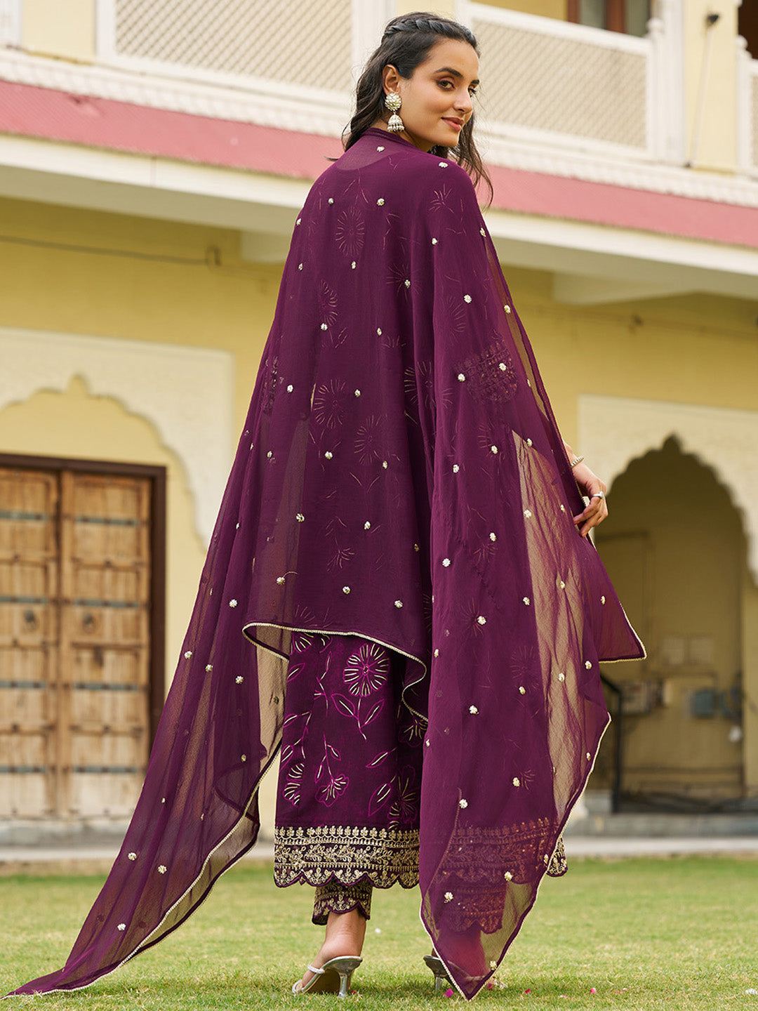 Mirror Embroidered Anarkali Kurta with Matching Pant & Embroidered Chiffon Dupatta