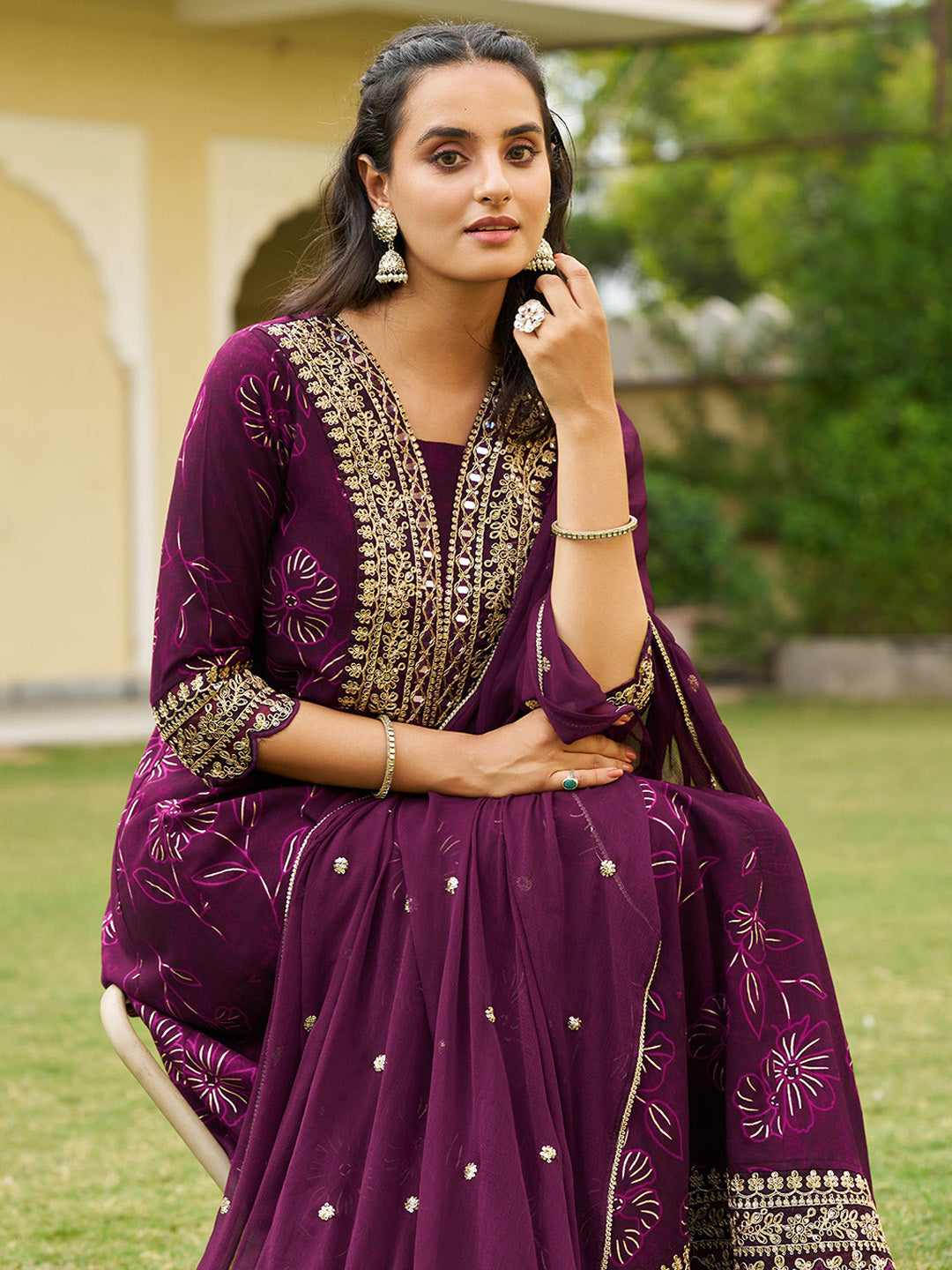 Mirror Embroidered Anarkali Kurta with Matching Pant & Embroidered Chiffon Dupatta