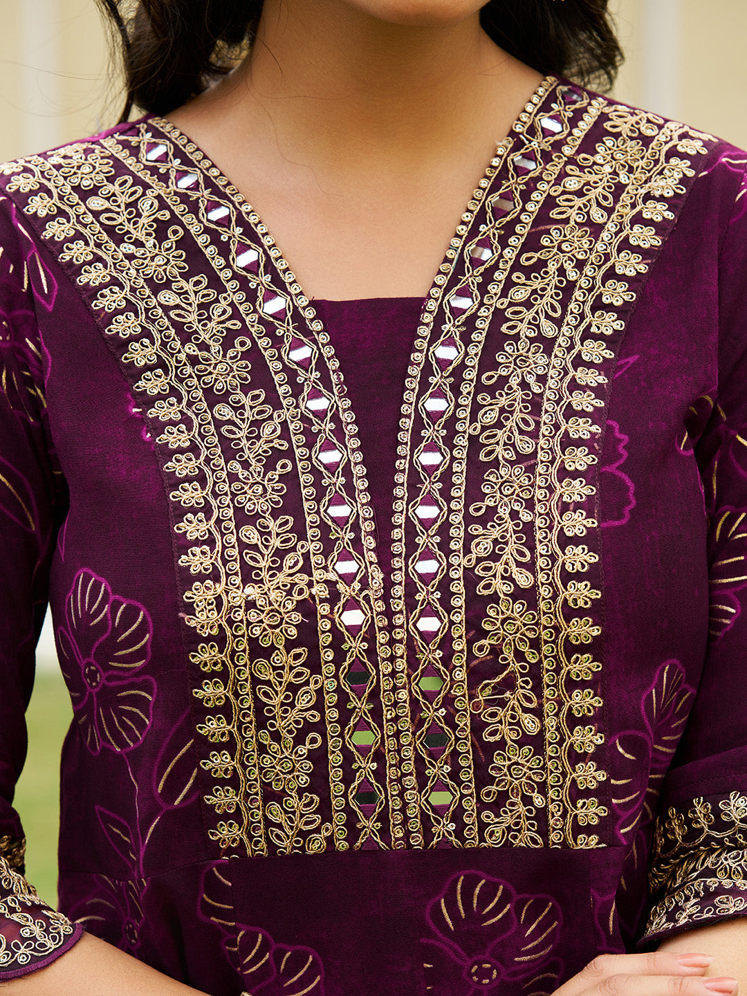 Mirror Embroidered Anarkali Kurta with Matching Pant & Embroidered Chiffon Dupatta