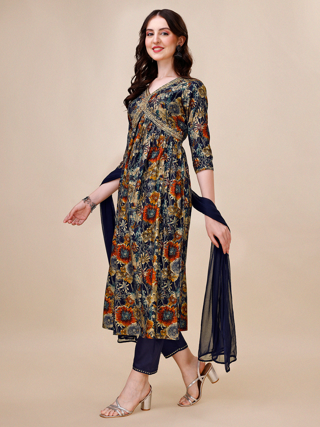 Alia Cut Printed & Embroidered  Kurta with Pant & Dupatta Set