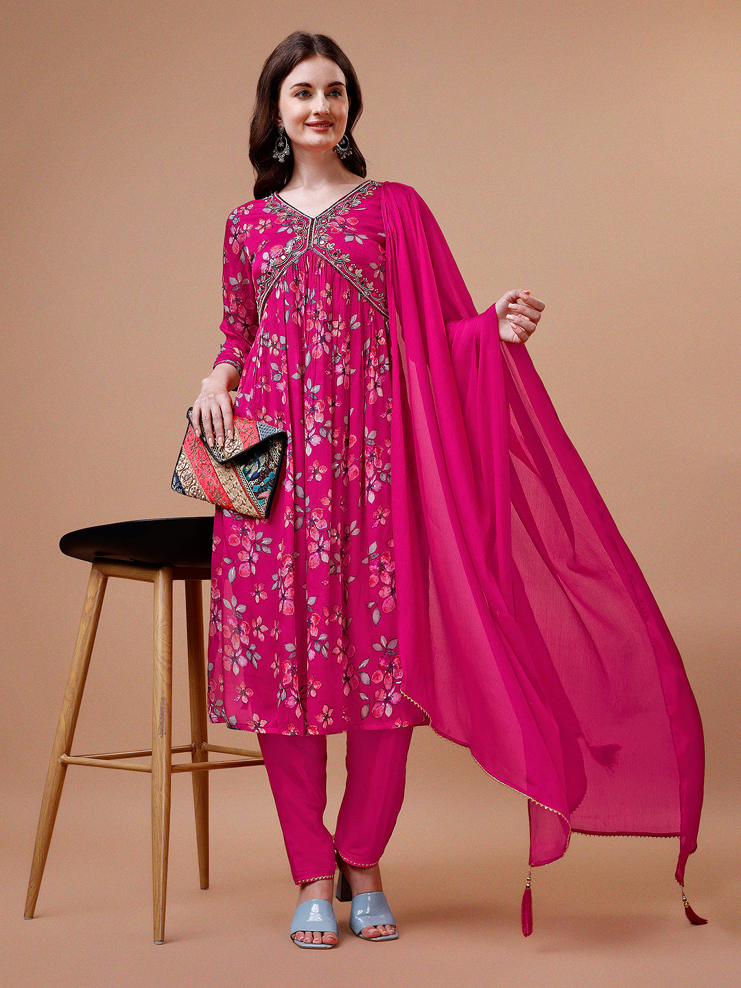 Alia Cut Hand embroidered Floral print Kurta with pant & dupatta