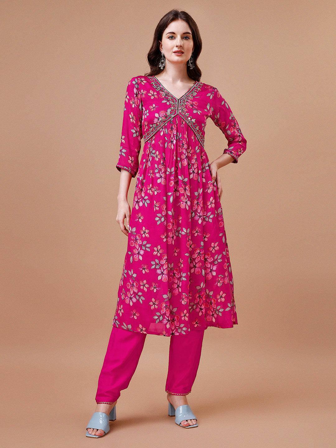 Alia Cut Hand embroidered Floral print Kurta with pant & dupatta