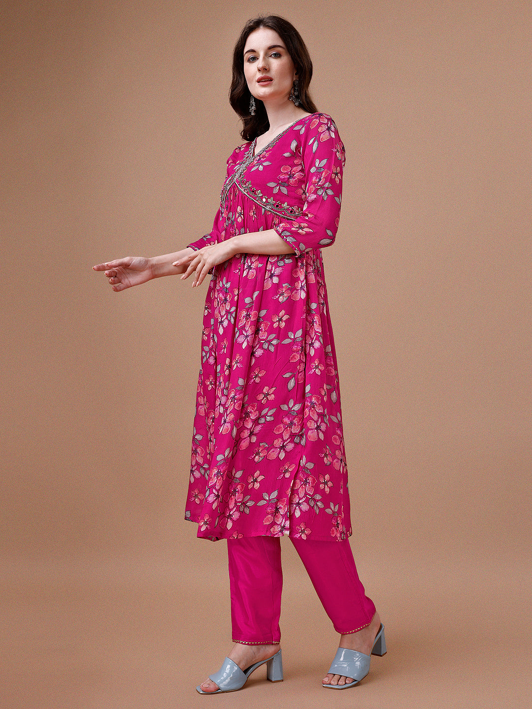 Alia Cut Hand embroidered Floral print Kurta with pant & dupatta