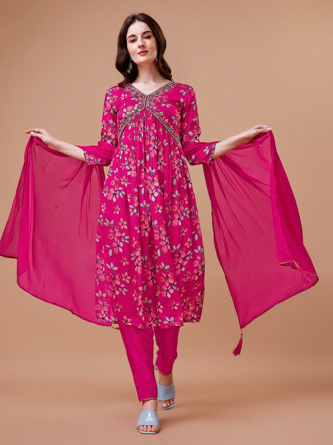 Alia Cut Hand embroidered Floral print Kurta with pant & dupatta