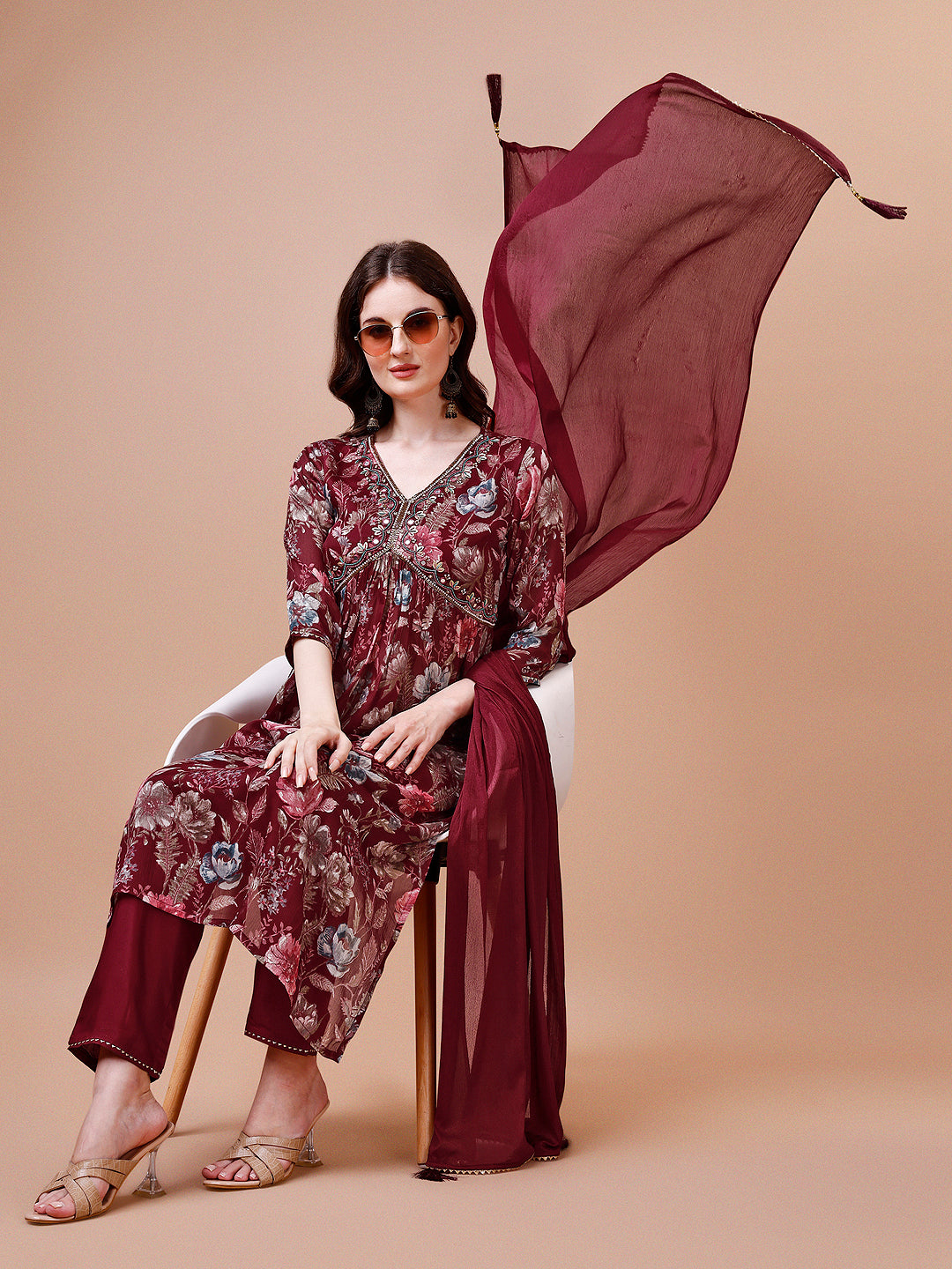 Alia Cut Hand embroidered Floral print Kurta with pant & dupatta