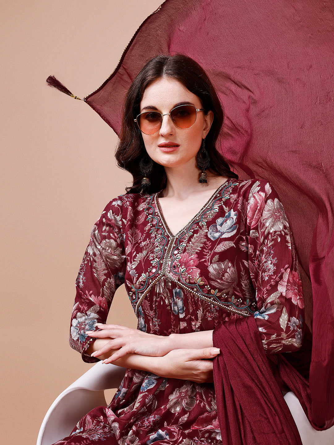 Alia Cut Hand embroidered Floral print Kurta with pant & dupatta