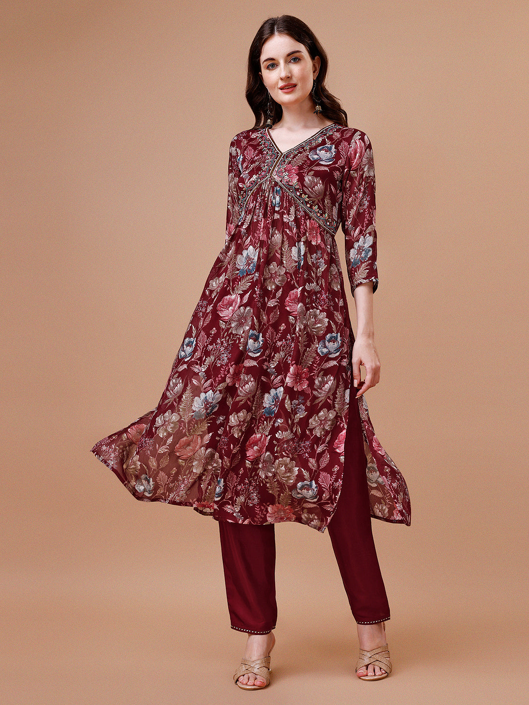 Alia Cut Hand embroidered Floral print Kurta with pant & dupatta