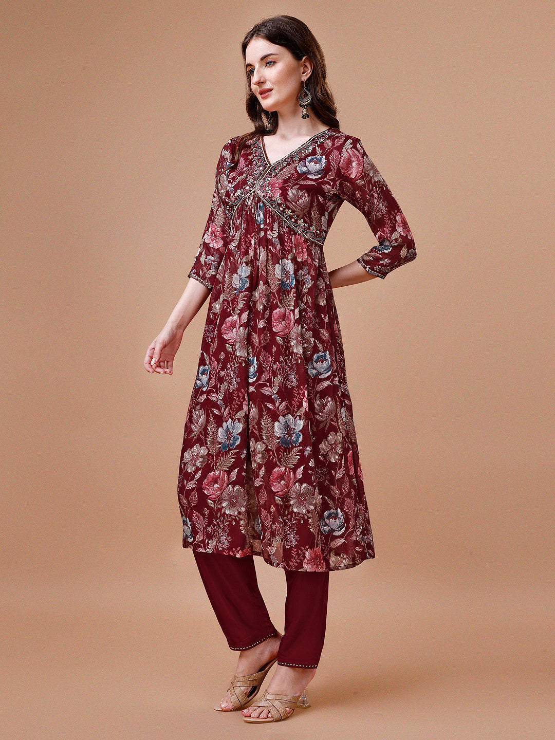 Alia Cut Hand embroidered Floral print Kurta with pant & dupatta