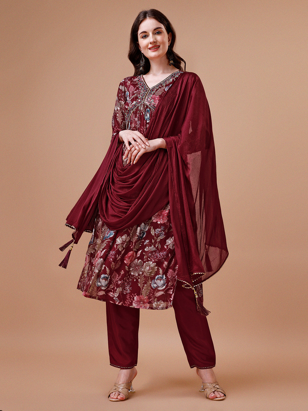 Alia Cut Hand embroidered Floral print Kurta with pant & dupatta