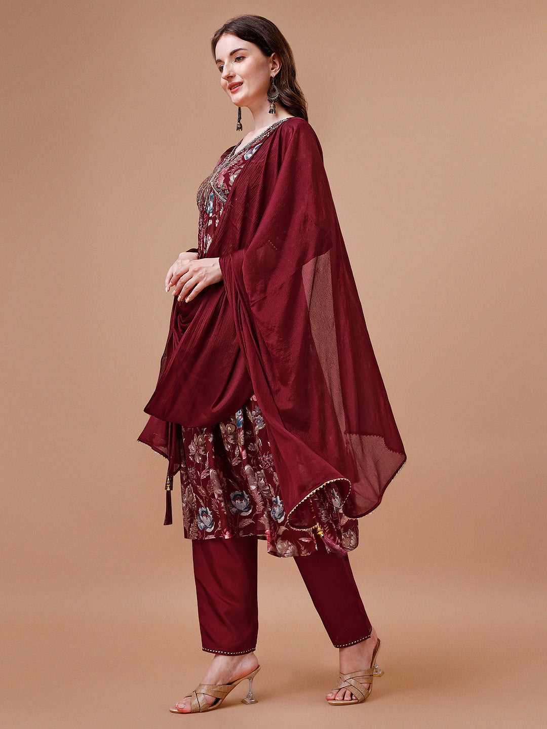 Alia Cut Hand embroidered Floral print Kurta with pant & dupatta