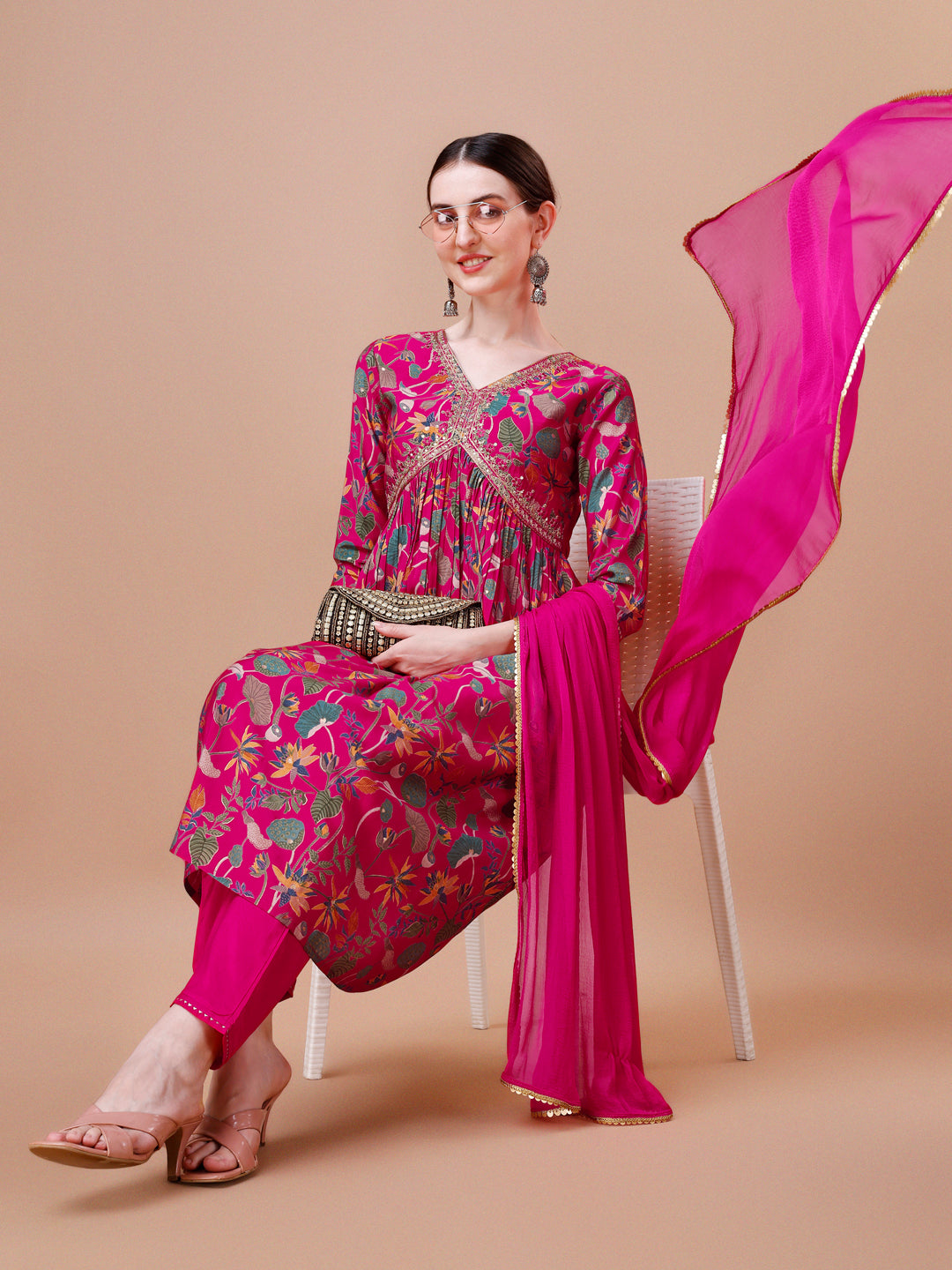 Alia Cut Embroidered & Floral Printed Kurta with pant & dupatta