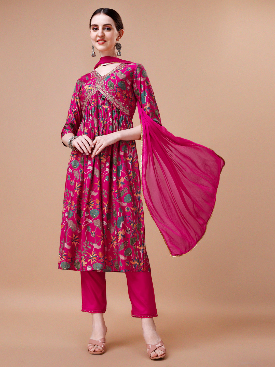 Alia Cut Embroidered & Floral Printed Kurta with pant & dupatta