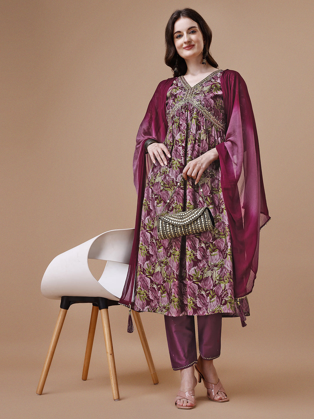 Alia cut Printed & embroidered Kurta with pant & dupatta