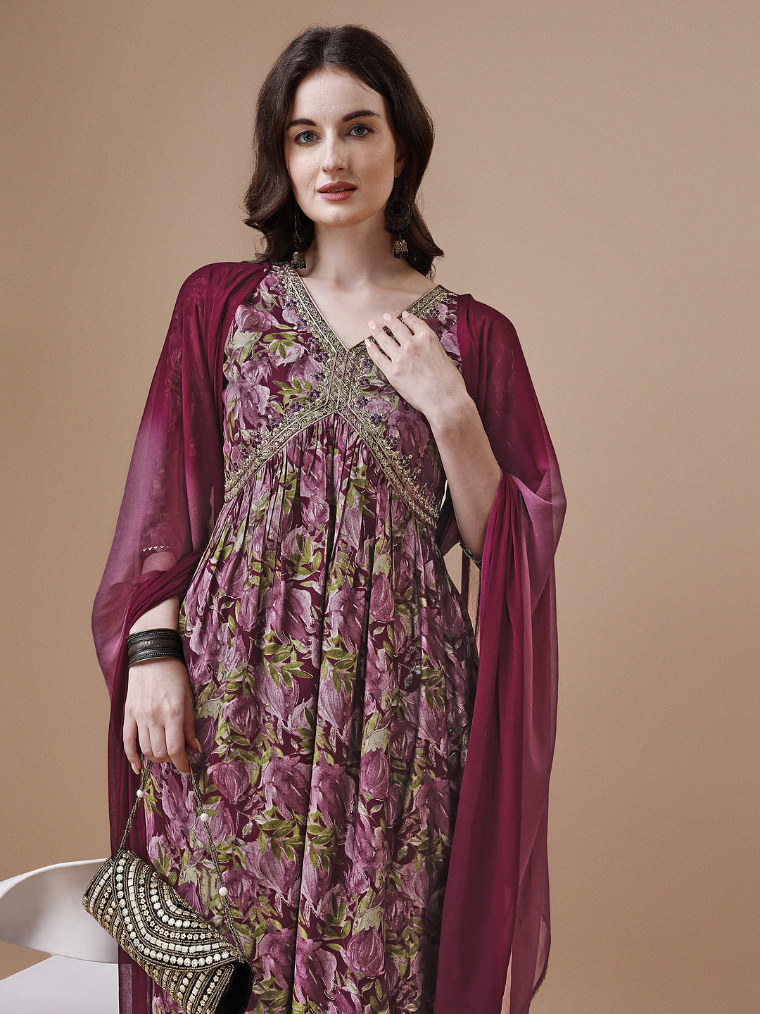 Alia cut Printed & embroidered Kurta with pant & dupatta