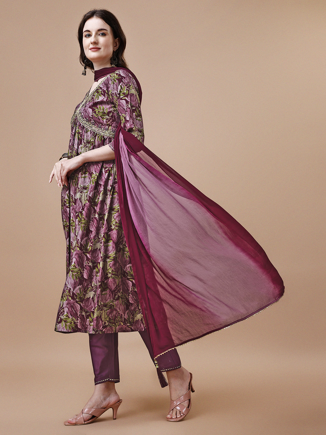 Alia cut Printed & embroidered Kurta with pant & dupatta