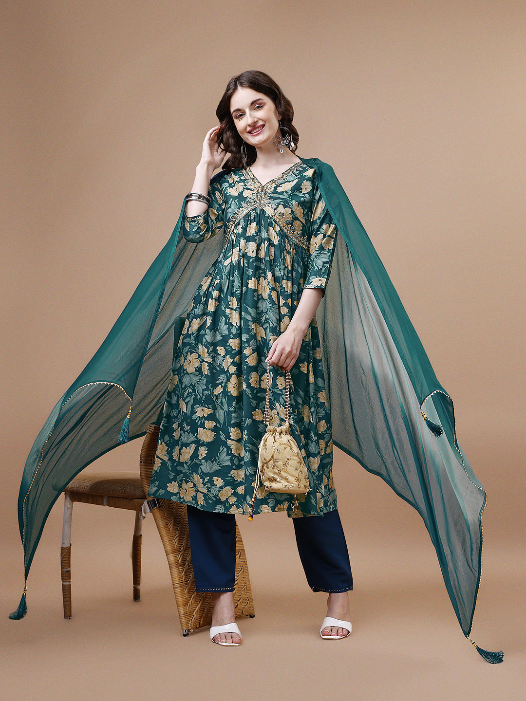 Alia cut Printed & embroidered Kurta with pant & dupatta