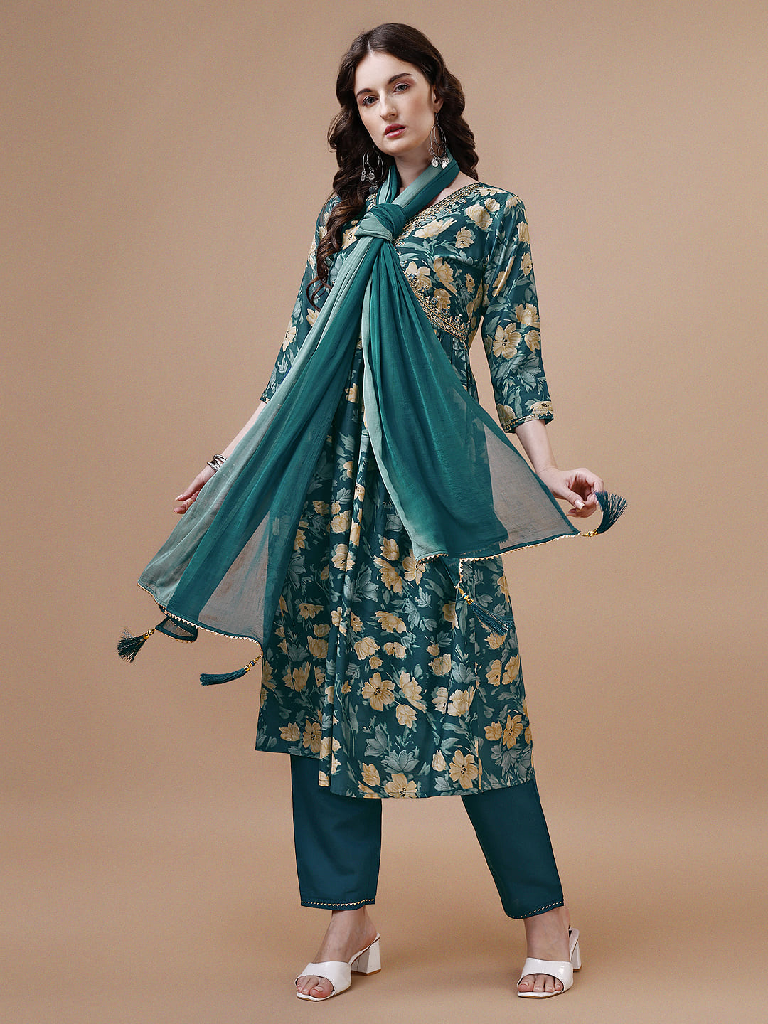 Alia cut Printed & embroidered Kurta with pant & dupatta