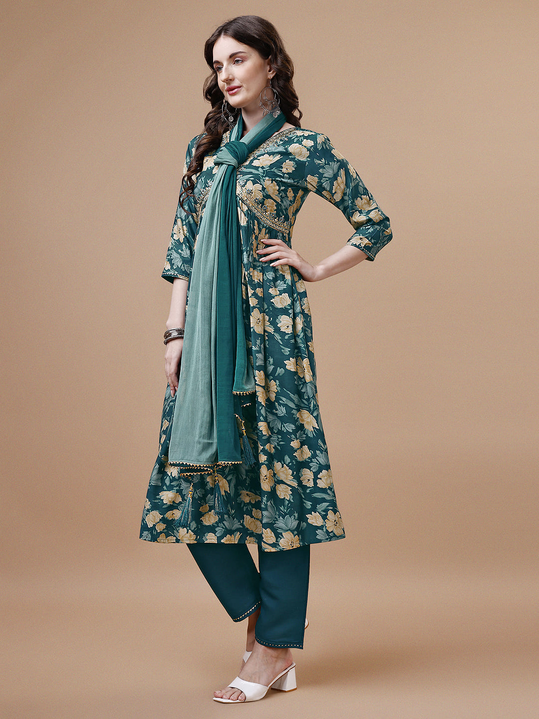 Alia cut Printed & embroidered Kurta with pant & dupatta