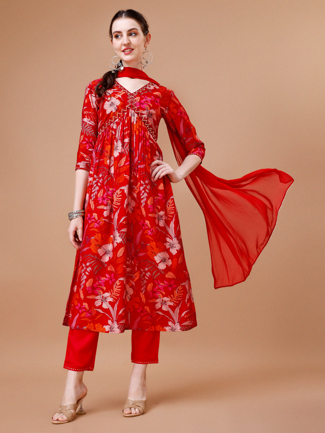 Alia cut floral printed & Embroidered Kurta with pant & Dupatta